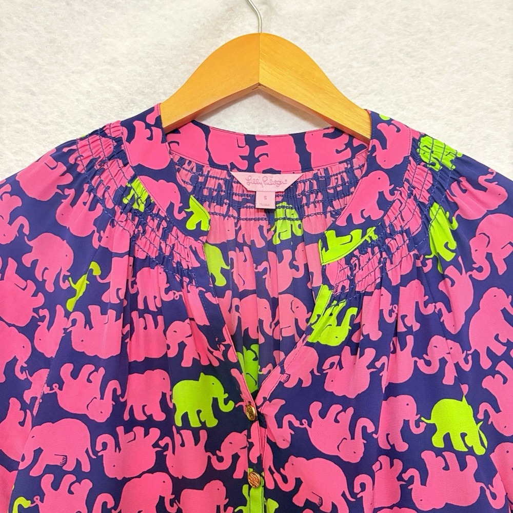 LILLY PULITZER Elsa Top 100% Silk Elephant Print Colorful Artsy Size Small *Flaw - Picture 3 of 8